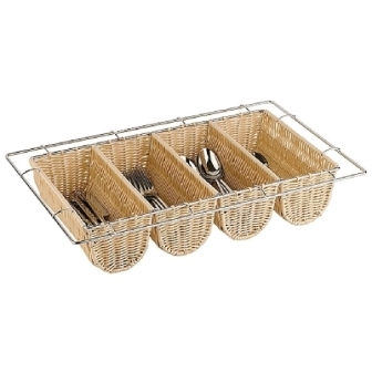 Cutlery Dispenser Rattan Basket Wire Chrome Frame 4 compartment - 100x325x530mm