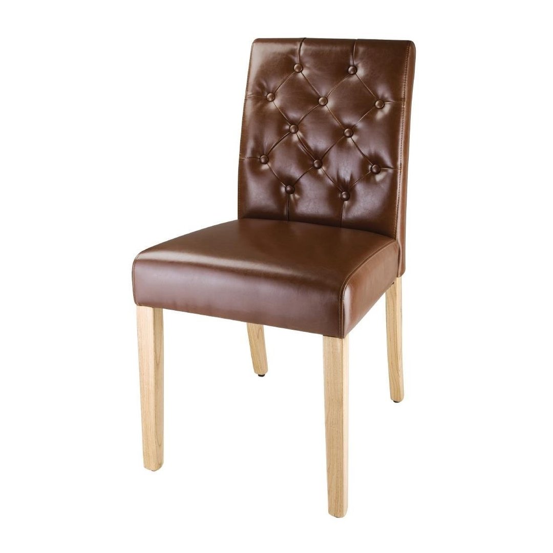 Bolero Chiswick Button Dining Chair Tan Leather with Natural Oak (Pack 2)