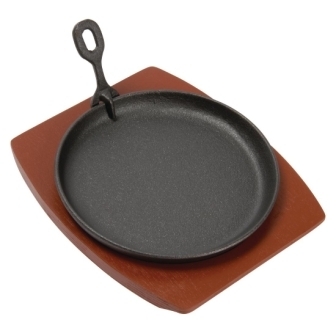 Vogue Cast Iron Round Sizzler with Wooden Stand  - 22cm