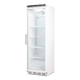 Polar 400L fridge with white painted body and glass door