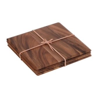 Set of 4 square Table Mats in Acacia with Leather tie
