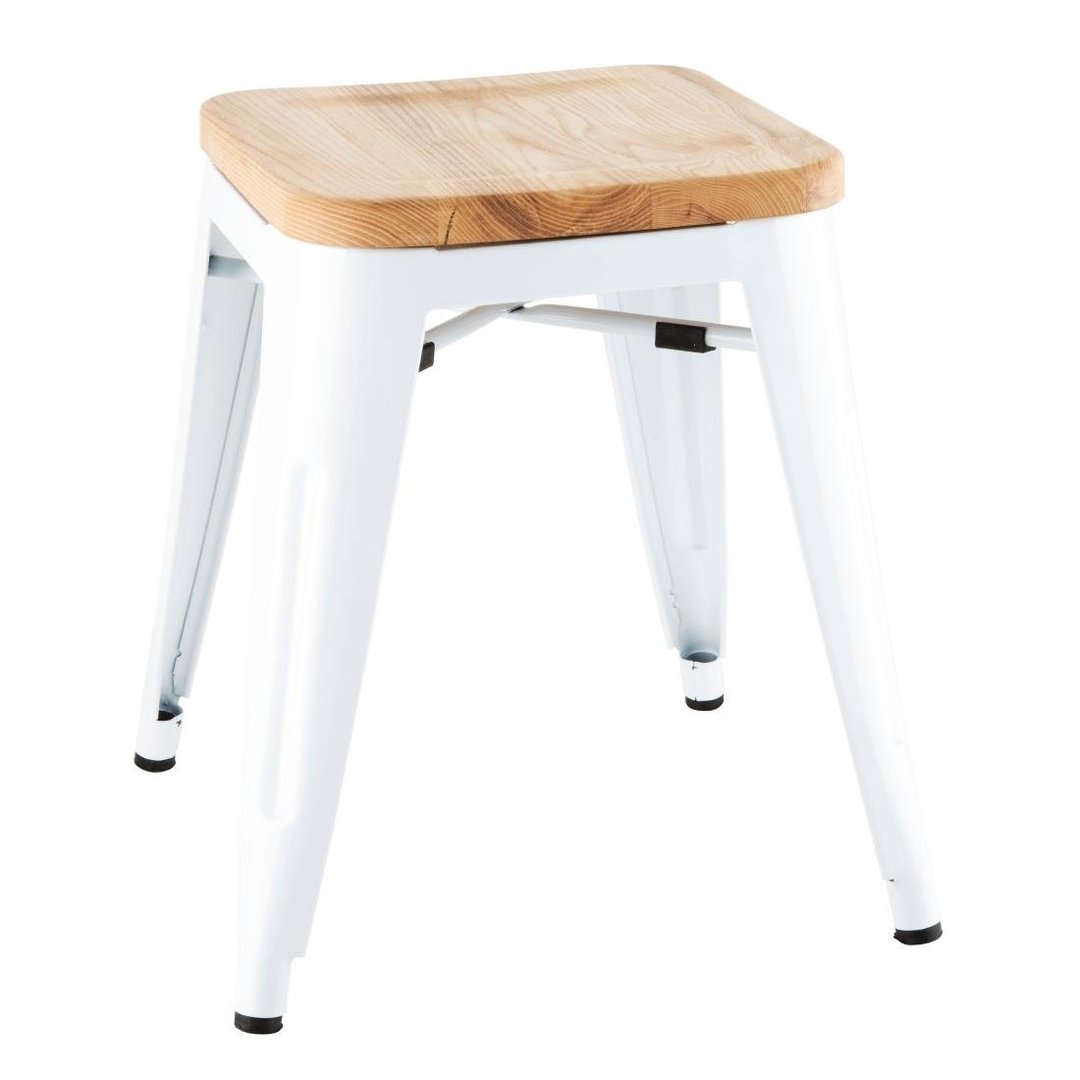 Bolero Bistro Low Stool White with Wooden Seatpad (Pack 4)