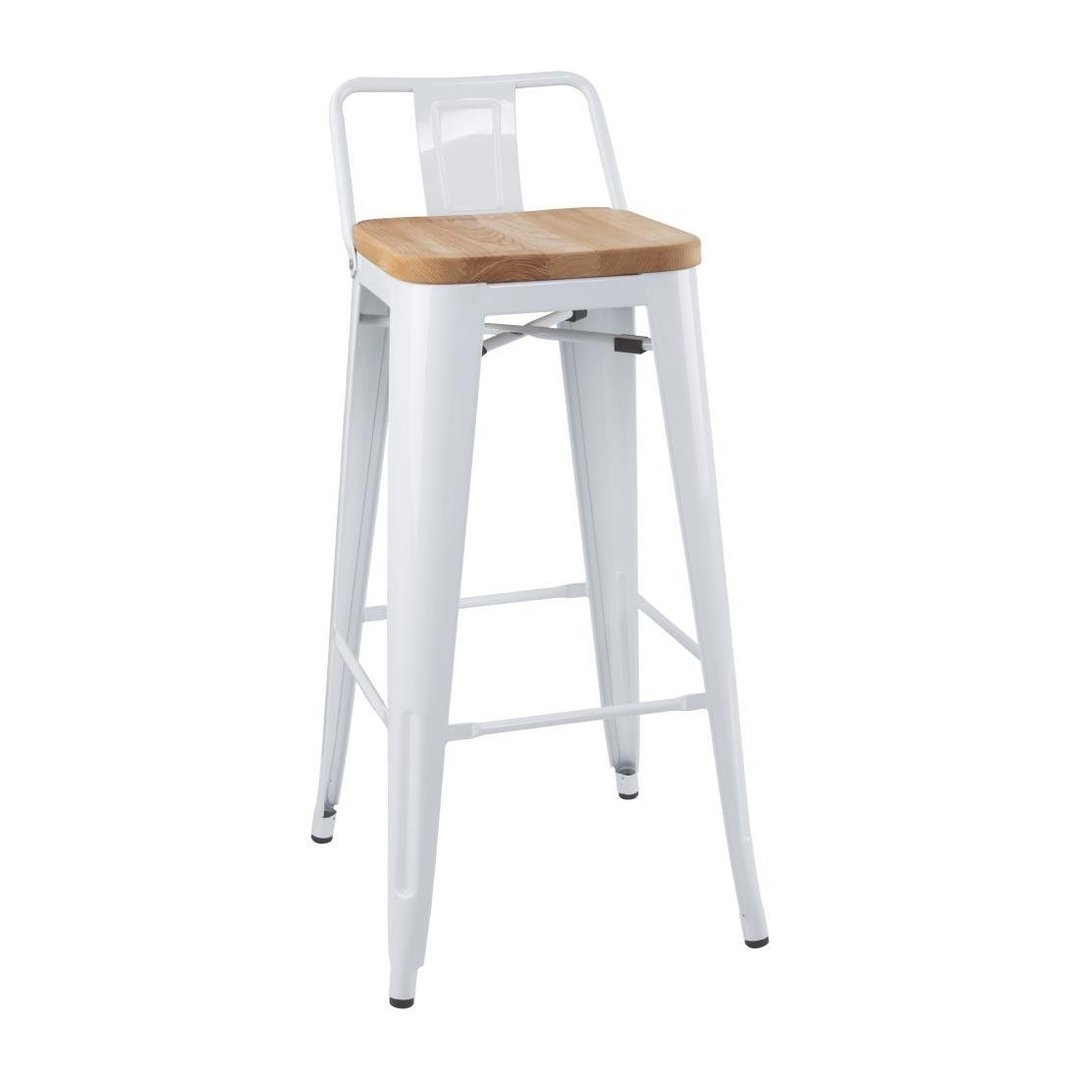 Bolero Bistro High Stool with Backrest - White & Wooden Seat Pad (Pack 4)