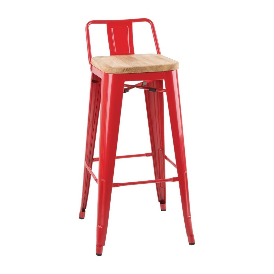 Bolero Bistro High Stool with Backrest - Red & Wooden Seat Pad (Pack 4)