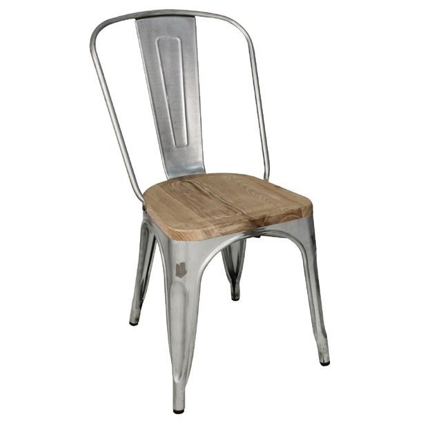 Bolero Steel Dining Side Chair with Wooden Seatpad - Galvanised (Pack 4)