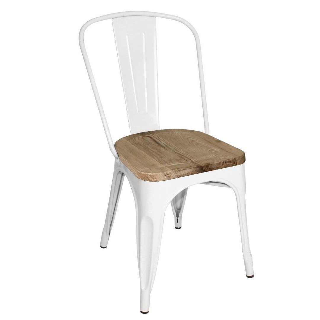 Bolero Steel Dining Side Chair with Wooden Seatpad - White (Pack 4)
